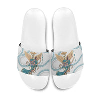 Iris Goddess Slide Sandals Winged Iris Caduceus Staff Rainbow Ribbon Greek Key