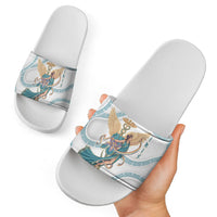 Iris Goddess Slide Sandals Winged Iris Caduceus Staff Rainbow Ribbon Greek Key