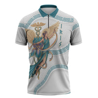 Iris Goddess Zipper Polo Shirt Winged Iris Caduceus Staff Rainbow Ribbon Greek Key