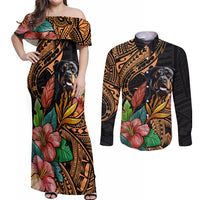 Off-shoulder maxi dress and long-sleeve button shirt set, black with rottweiler floral pattern