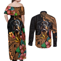 Off-shoulder maxi dress and long-sleeve button shirt, black with rottweiler and hibiscus pattern