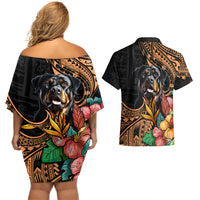 Polynesian Rottweiler Couples Matching Off Shoulder Short Dress and Hawaiian Shirt Polynesian Pattern And Rottweiler - Wonder Print Shop