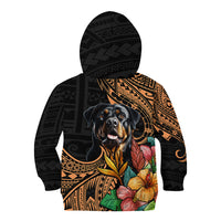 Kids black pullover hoodie with side view Rottweiler and floral Polynesian pattern