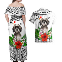 Polynesian Shih Tzu Couples Matching Off Shoulder Maxi Dress and Hawaiian Shirt Polynesian Pattern And Shih Tzu - Wonder Print Shop