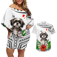 Polynesian Shih Tzu Couples Matching Off Shoulder Short Dress and Hawaiian Shirt Polynesian Pattern And Shih Tzu - Wonder Print Shop