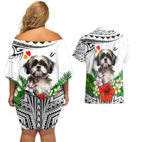 Polynesian Shih Tzu Couples Matching Off Shoulder Short Dress and Hawaiian Shirt Polynesian Pattern And Shih Tzu - Wonder Print Shop