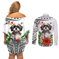 Polynesian Shih Tzu Couples Matching Off Shoulder Short Dress and Long Sleeve Button Shirts Polynesian Pattern And Shih Tzu - Wonder Print Shop