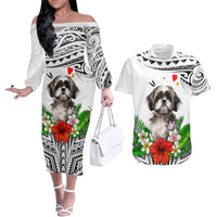 Polynesian Shih Tzu Couples Matching Off The Shoulder Long Sleeve Dress and Hawaiian Shirt Polynesian Pattern And Shih Tzu - Wonder Print Shop