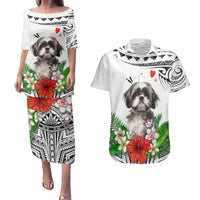 Polynesian Shih Tzu Couples Matching Puletasi Dress and Hawaiian Shirt Polynesian Pattern And Shih Tzu - Wonder Print Shop
