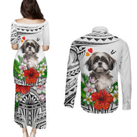 Polynesian Shih Tzu Couples Matching Puletasi Dress and Long Sleeve Button Shirts Polynesian Pattern And Shih Tzu - Wonder Print Shop