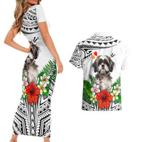 Polynesian Shih Tzu Couples Matching Short Sleeve Bodycon Dress and Hawaiian Shirt Polynesian Pattern And Shih Tzu - Wonder Print Shop