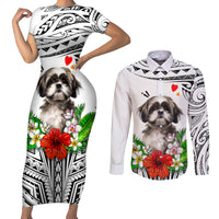 Polynesian Shih Tzu Couples Matching Short Sleeve Bodycon Dress and Long Sleeve Button Shirts Polynesian Pattern And Shih Tzu - Wonder Print Shop
