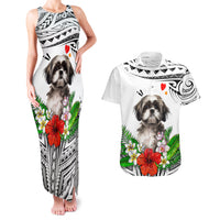 Polynesian Shih Tzu Couples Matching Tank Maxi Dress and Hawaiian Shirt Polynesian Pattern And Shih Tzu - Wonder Print Shop