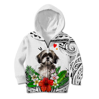 Kids white zip hoodie with hood, Shih Tzu portrait, flowers, hearts, and tribal artwork