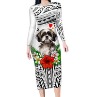 Polynesian Shih Tzu Long Sleeve Bodycon Dress Polynesian Pattern And Shih Tzu - Wonder Print Shop