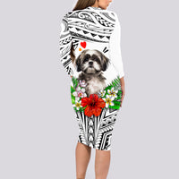 Polynesian Shih Tzu Long Sleeve Bodycon Dress Polynesian Pattern And Shih Tzu - Wonder Print Shop