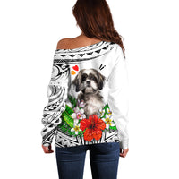 Polynesian Shih Tzu Off Shoulder Sweater Polynesian Pattern And Shih Tzu - Wonder Print Shop