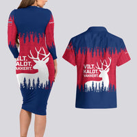 Norway Svalbard Couples Matching Long Sleeve Bodycon Dress and Hawaiian Shirt with Reindeer Silhouette Forest and Norwegian Flag - Wonder Print Shop
