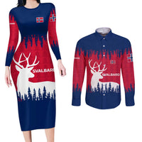 Norway Svalbard Couples Matching Long Sleeve Bodycon Dress and Long Sleeve Button Shirt with Reindeer Silhouette Forest and Norwegian Flag - Wonder Print Shop