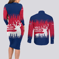 Norway Svalbard Couples Matching Long Sleeve Bodycon Dress and Long Sleeve Button Shirt with Reindeer Silhouette Forest and Norwegian Flag - Wonder Print Shop