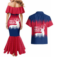 Norway Svalbard Couples Matching Mermaid Dress and Hawaiian Shirt with Reindeer Silhouette Forest and Norwegian Flag - Wonder Print Shop