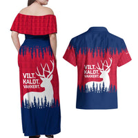 Norway Svalbard Couples Matching Off Shoulder Maxi Dress and Hawaiian Shirt with Reindeer Silhouette Forest and Norwegian Flag - Wonder Print Shop