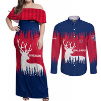 Norway Svalbard Couples Matching Off Shoulder Maxi Dress and Long Sleeve Button Shirt with Reindeer Silhouette Forest and Norwegian Flag - Wonder Print Shop