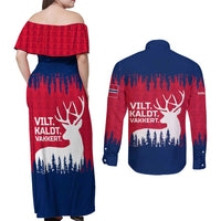 Norway Svalbard Couples Matching Off Shoulder Maxi Dress and Long Sleeve Button Shirt with Reindeer Silhouette Forest and Norwegian Flag - Wonder Print Shop