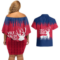 Norway Svalbard Couples Matching Off Shoulder Short Dress and Hawaiian Shirt with Reindeer Silhouette Forest and Norwegian Flag - Wonder Print Shop