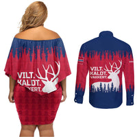 Norway Svalbard Couples Matching Off Shoulder Short Dress and Long Sleeve Button Shirt with Reindeer Silhouette Forest and Norwegian Flag - Wonder Print Shop