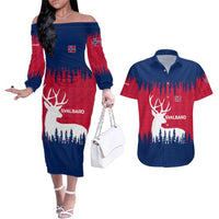 Norway Svalbard Couples Matching Off The Shoulder Long Sleeve Dress and Hawaiian Shirt with Reindeer Silhouette Forest and Norwegian Flag - Wonder Print Shop