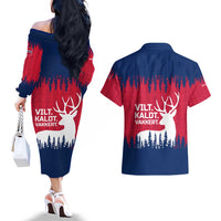 Norway Svalbard Couples Matching Off The Shoulder Long Sleeve Dress and Hawaiian Shirt with Reindeer Silhouette Forest and Norwegian Flag - Wonder Print Shop