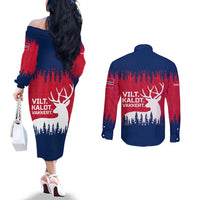 Norway Svalbard Couples Matching Off The Shoulder Long Sleeve Dress and Long Sleeve Button Shirt with Reindeer Silhouette Forest and Norwegian Flag - Wonder Print Shop