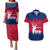 Norway Svalbard Couples Matching Puletasi and Hawaiian Shirt with Reindeer Silhouette Forest and Norwegian Flag - Wonder Print Shop