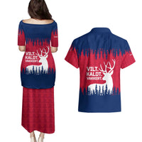 Norway Svalbard Couples Matching Puletasi and Hawaiian Shirt with Reindeer Silhouette Forest and Norwegian Flag - Wonder Print Shop