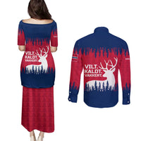 Norway Svalbard Couples Matching Puletasi and Long Sleeve Button Shirt with Reindeer Silhouette Forest and Norwegian Flag - Wonder Print Shop
