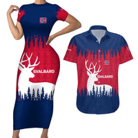 Norway Svalbard Couples Matching Short Sleeve Bodycon Dress and Hawaiian Shirt with Reindeer Silhouette Forest and Norwegian Flag - Wonder Print Shop