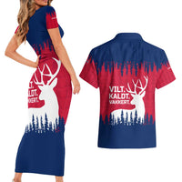 Norway Svalbard Couples Matching Short Sleeve Bodycon Dress and Hawaiian Shirt with Reindeer Silhouette Forest and Norwegian Flag - Wonder Print Shop