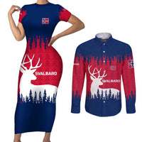 Norway Svalbard Couples Matching Short Sleeve Bodycon Dress and Long Sleeve Button Shirt with Reindeer Silhouette Forest and Norwegian Flag - Wonder Print Shop