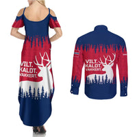Norway Svalbard Couples Matching Summer Maxi Dress and Long Sleeve Button Shirt with Reindeer Silhouette Forest and Norwegian Flag - Wonder Print Shop
