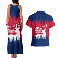 Norway Svalbard Couples Matching Tank Maxi Dress and Hawaiian Shirt with Reindeer Silhouette Forest and Norwegian Flag - Wonder Print Shop