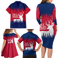 Norway Svalbard Family Matching Long Sleeve Bodycon Dress and Hawaiian Shirt with Reindeer Silhouette Forest and Norwegian Flag - Wonder Print Shop
