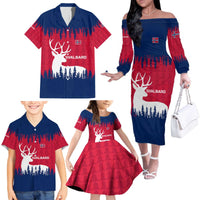 Norway Svalbard Family Matching Off The Shoulder Long Sleeve Dress and Hawaiian Shirt with Reindeer Silhouette Forest and Norwegian Flag - Wonder Print Shop