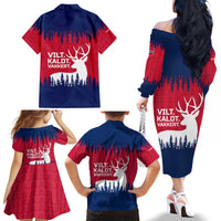 Norway Svalbard Family Matching Off The Shoulder Long Sleeve Dress and Hawaiian Shirt with Reindeer Silhouette Forest and Norwegian Flag - Wonder Print Shop