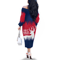 Norway Svalbard Family Matching Off The Shoulder Long Sleeve Dress and Hawaiian Shirt with Reindeer Silhouette Forest and Norwegian Flag - Wonder Print Shop