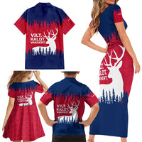 Norway Svalbard Family Matching Short Sleeve Bodycon Dress and Hawaiian Shirt with Reindeer Silhouette Forest and Norwegian Flag - Wonder Print Shop