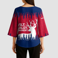 Norway Svalbard Kimono Sleeve Blouse with Reindeer Silhouette Forest and Norwegian Flag - Wonder Print Shop