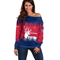 Norway Svalbard Off Shoulder Sweater with Reindeer Silhouette Forest and Norwegian Flag - Wonder Print Shop