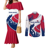 Svalbard Norway Couples Matching Mermaid Dress and Long Sleeve Button Shirt with Polar Bear Forest and Norwegian Flag - Wonder Print Shop