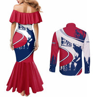 Svalbard Norway Couples Matching Mermaid Dress and Long Sleeve Button Shirt with Polar Bear Forest and Norwegian Flag - Wonder Print Shop